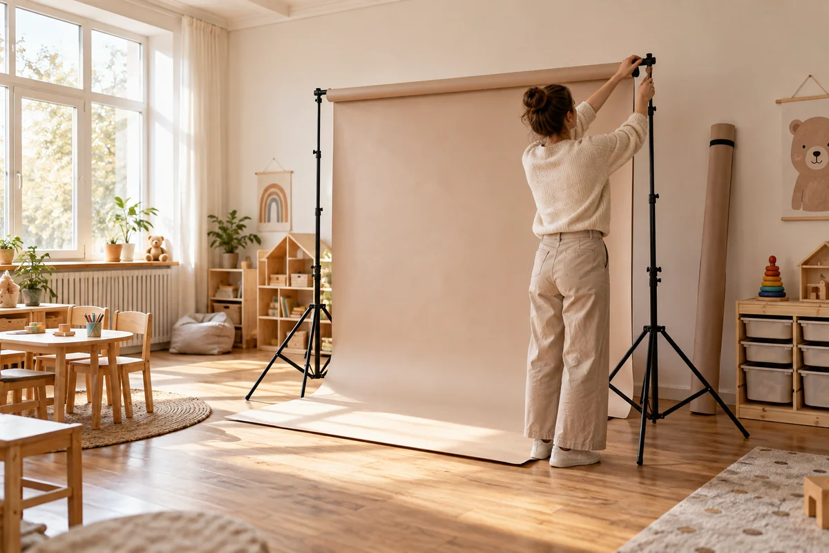 Rozkładanie tła fotograficznego w sali przedszkolnej